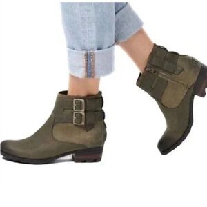 Sorel Women’s Lolla Ankle Boots Bootie Olive Leather Suede Double Buckle Zip 7.5